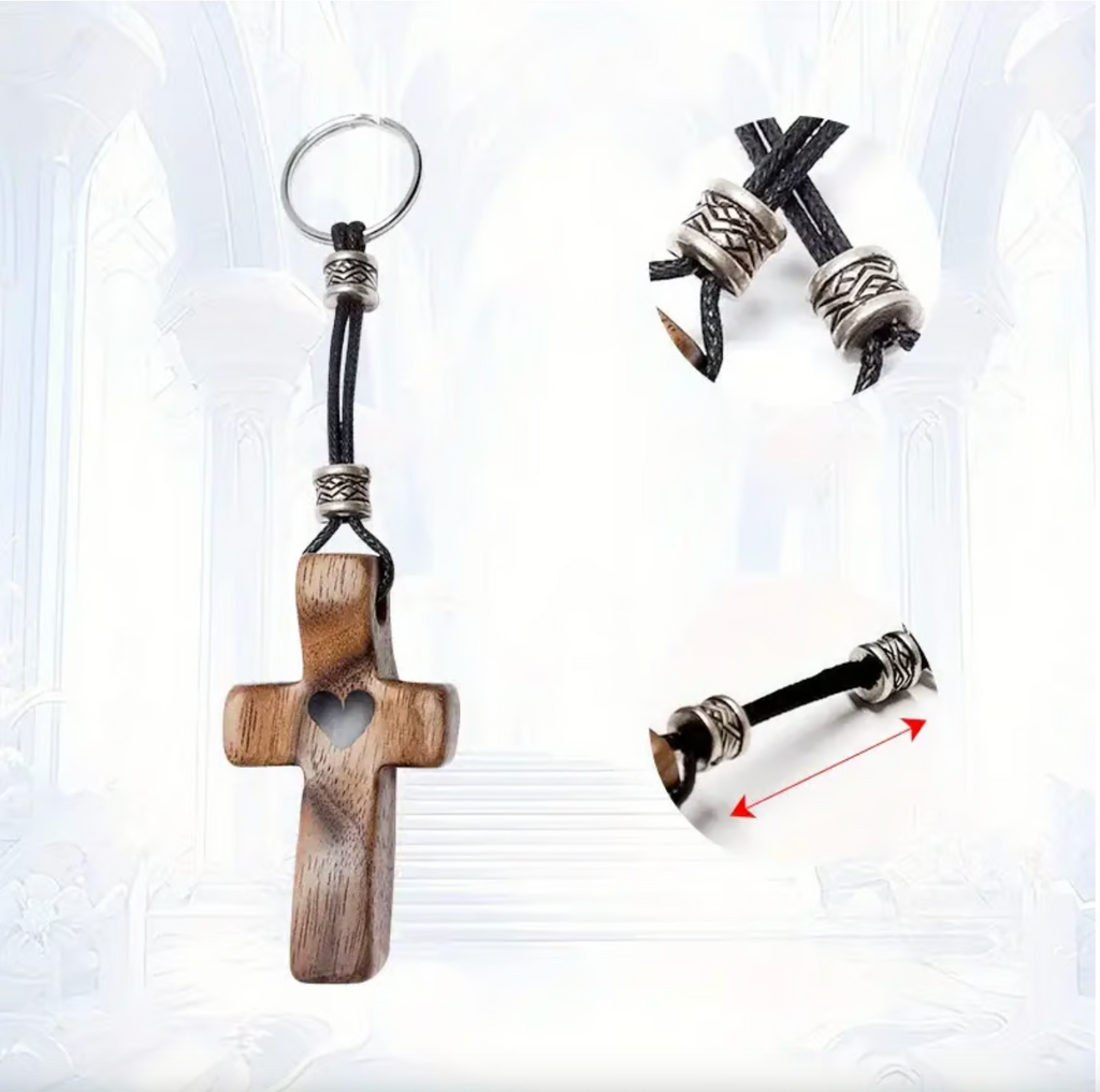 Artisanal Walnut Wood Cross Keychain with Heart Pendant