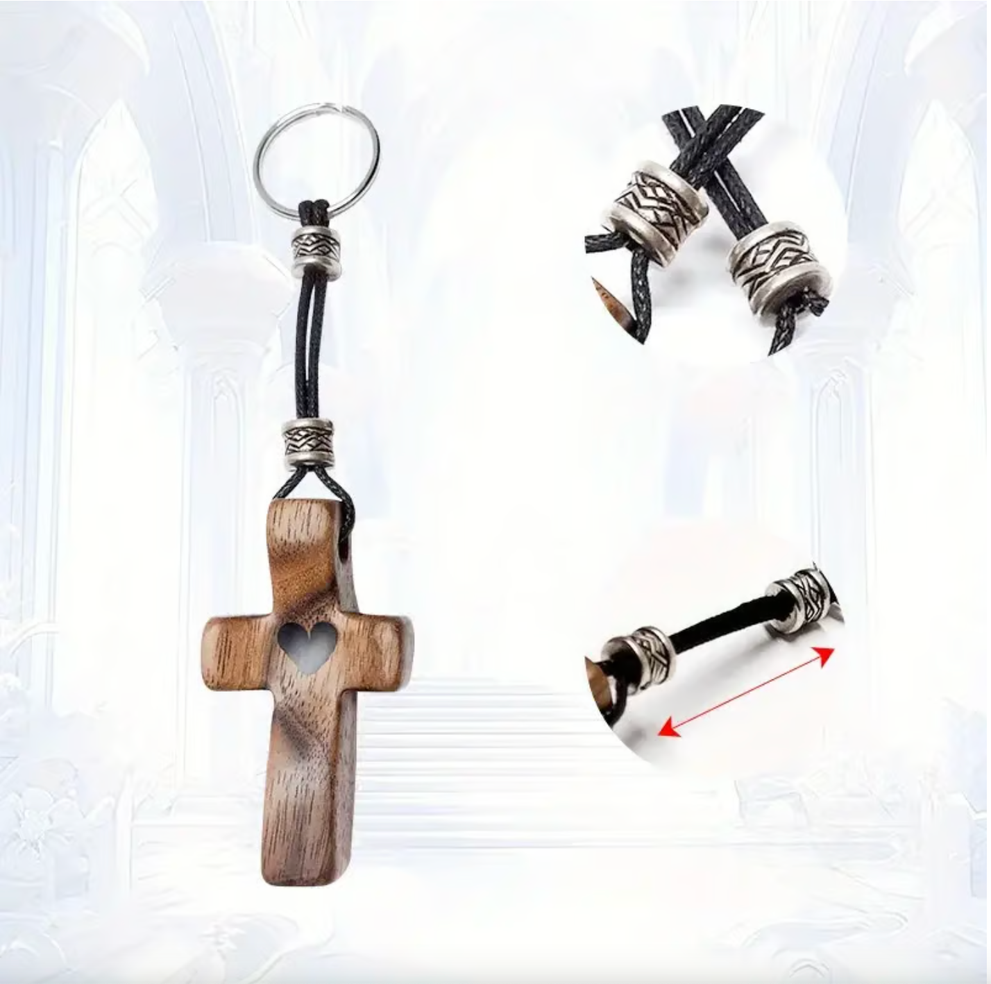 Artisanal Walnut Wood Cross Keychain with Heart Pendant