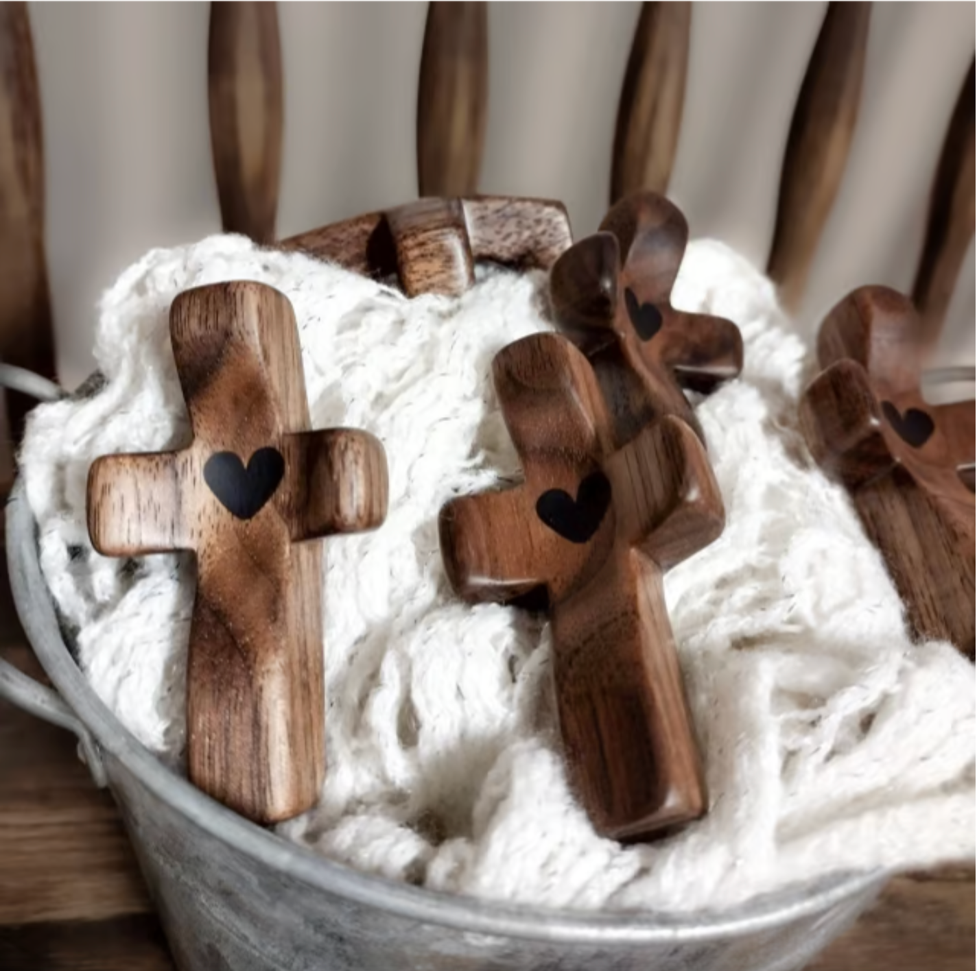 Artisanal Walnut Wood Cross Keychain with Heart Pendant