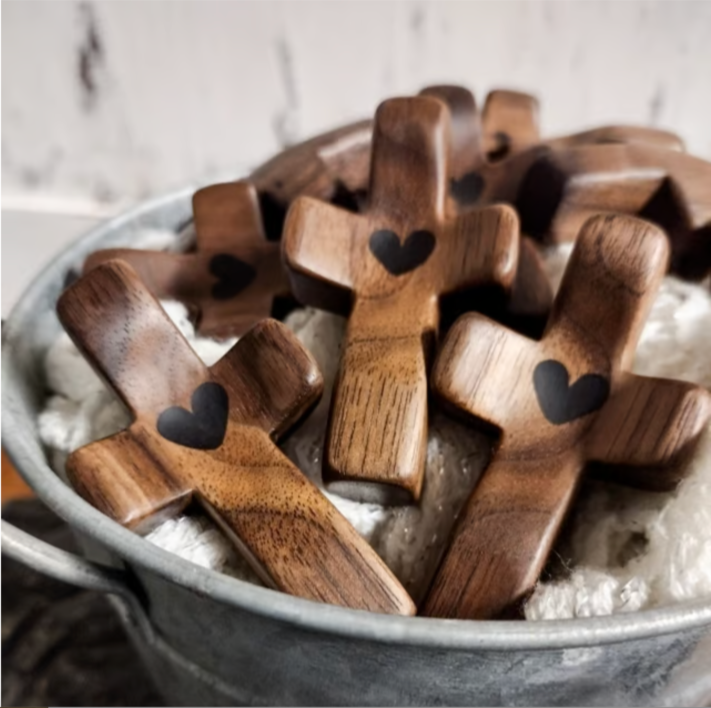 Artisanal Walnut Wood Cross Keychain with Heart Pendant