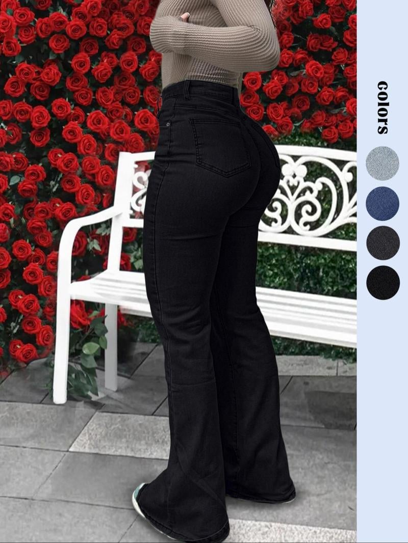 Bootcut Women Jeans Solid Color High Slim Fit Waist Stretch Casual Versatile