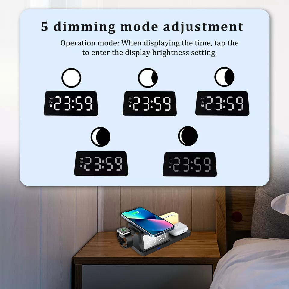 Charging Station with Clock, Wireless Charger with Night Light（Fast Charging)⚡