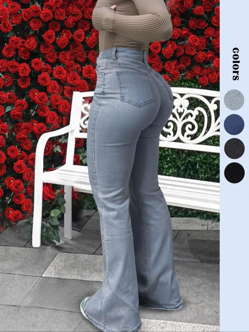 Bootcut Women Jeans Solid Color High Slim Fit Waist Stretch Casual Versatile