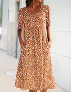 Casual Women Polyester Scoop Neck Floral Dress (8 Colors with Pockets)
