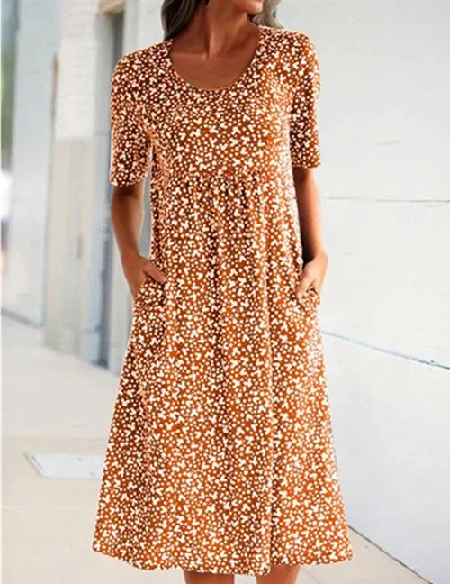 Casual Women Polyester Scoop Neck Floral Dress (8 Colors with Pockets)
