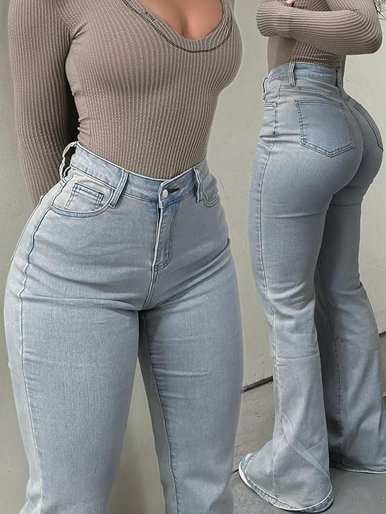 Bootcut Women Jeans Solid Color High Slim Fit Waist Stretch Casual Versatile