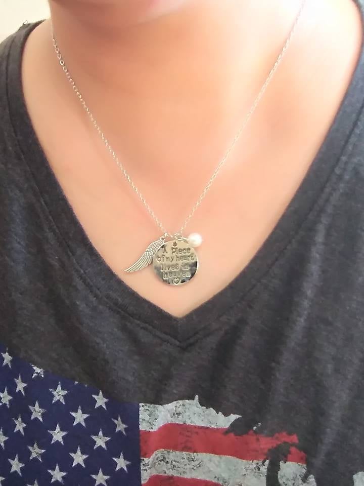 Angel Wing Necklace with Pearl - Engraved Round - "A piece of my heart lives in heaven"