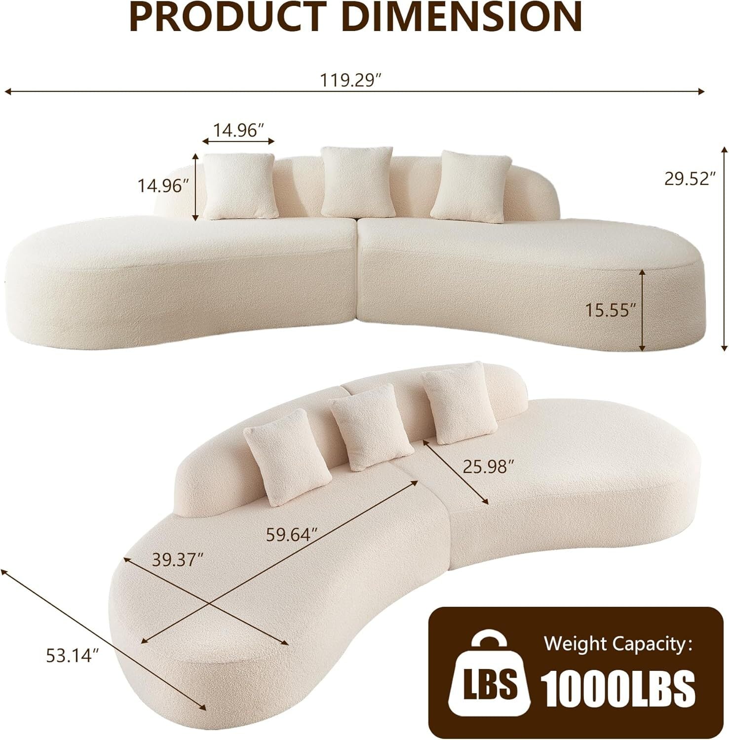 5 Seat Modern Curved Sectional Sofa No Assembly Require
