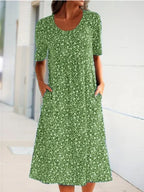 Casual Women Polyester Scoop Neck Floral Dress (8 Colors with Pockets)