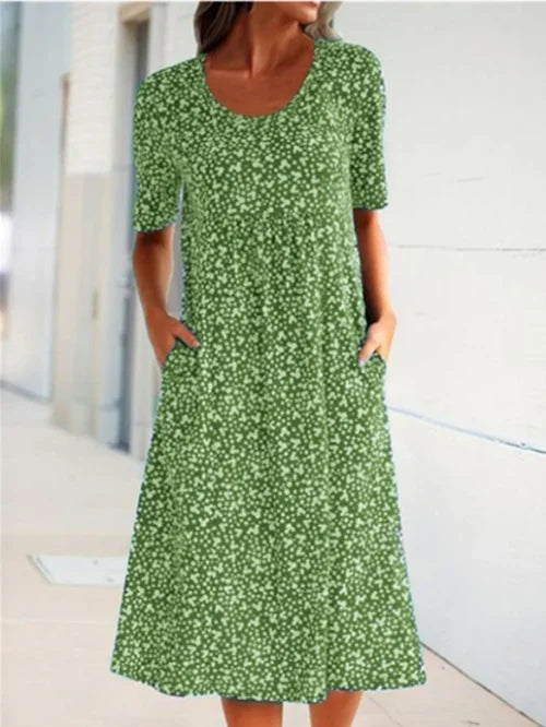 Casual Women Polyester Scoop Neck Floral Dress (8 Colors with Pockets)