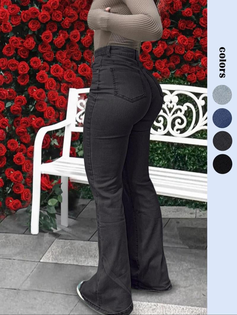 Bootcut Women Jeans Solid Color High Slim Fit Waist Stretch Casual Versatile