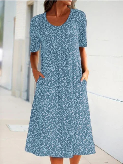 Casual Women Polyester Scoop Neck Floral Dress (8 Colors with Pockets)